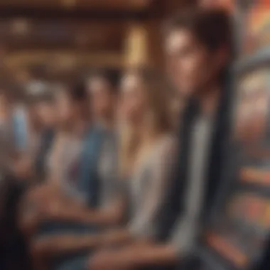 A group of young adults experiencing slot machines in a lively setting.