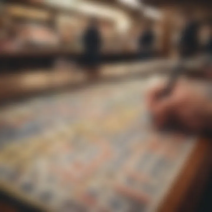 A thoughtful individual analyzing ticket options in a lottery store