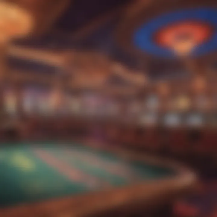 Interior of a vibrant Indian casino featuring gaming tables and colorful decor