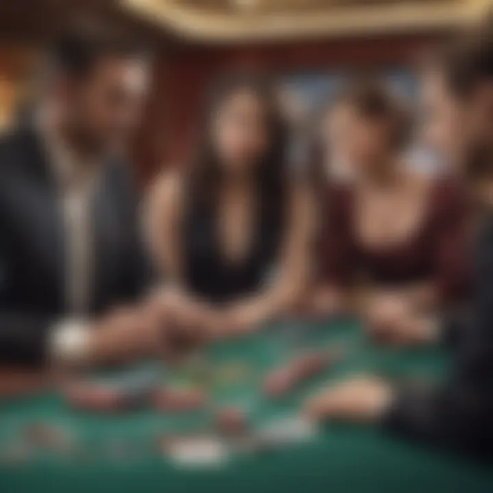 A group of players gathered around a blackjack table, deeply engaged in the game