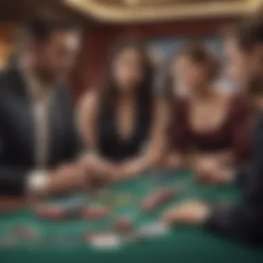 Engagement and Strategy at the Blackjack Table A group of players gathered around a blackjack table, deeply engaged in the game