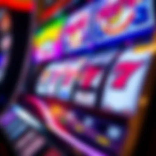 A close-up view of a penny slot machine showcasing vibrant graphics and payout symbols