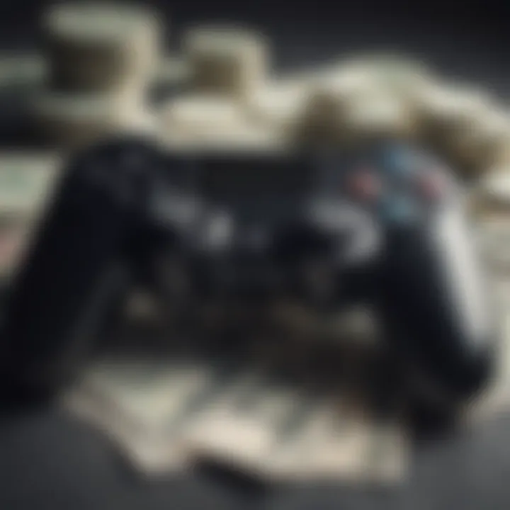 Close-up of a gaming controller with currency notes in the background