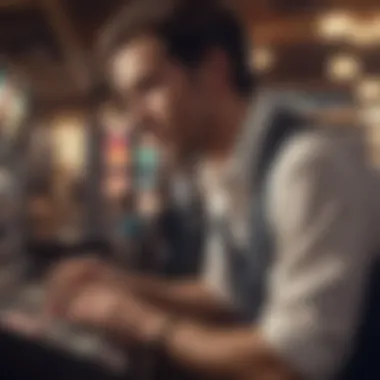 Player Strategies in Slot Gaming An engaging scene of a player analyzing slot machine strategies with a thoughtful expression.