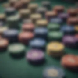 A close-up of various poker chips in different colors and designs on a casino table.