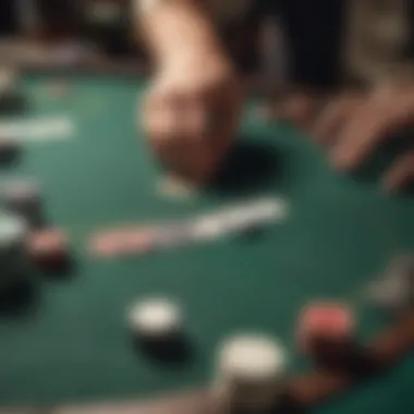 Strategic Chip Management A player strategically placing chips during a poker game while observing opponents.